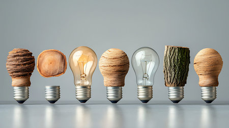 Energy saving lightbulb with wood on grey background, idea concept