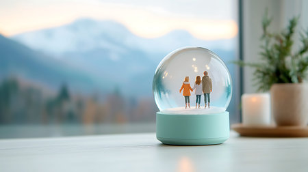 Snow globe with family inside. Family in snow globe with mountains in background