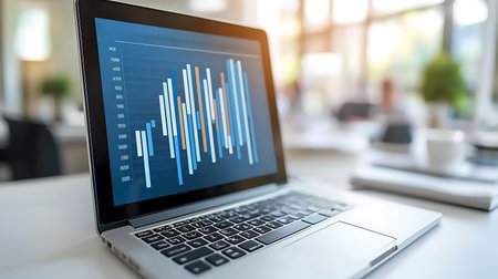 Laptop with stock market chart on screen. Business and finance concept.