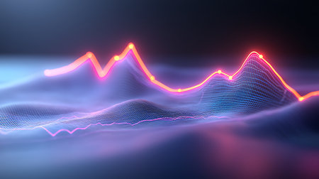 3d rendering of abstract digital landscape with glowing particles. Network connection structure. Futuristic background.の写真素材