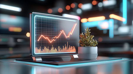 Laptop with stock market chart on screen. 3d rendering.
