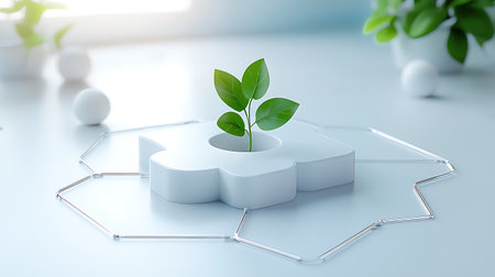 Growing plant on white hexagonal pedestal. 3D rendering.の写真素材