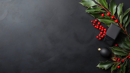 Christmas composition. Black gift box, holly leaves, red berries on black background. Flat lay, top view, copy spaceの写真素材