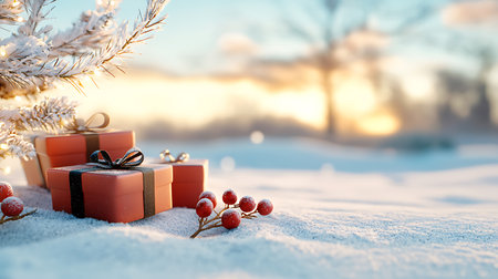 Christmas and New Year holidays background with gift boxes and Christmas tree on snowの写真素材