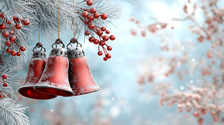 Christmas bells hanging on a branch of a Christmas tree. 3d rendering