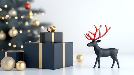 Christmas and New Year gift boxes with reindeer. 3D rendering