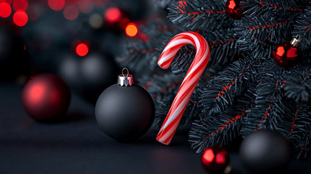 Christmas decoration on black background with red and black baubles.