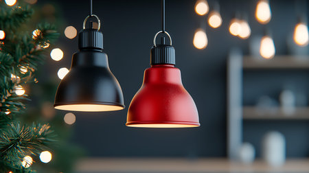 3d render of two hanging red and black pendant lamps hanging on christmas tree with bokeh background