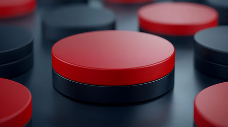 Red button on a black background, 3d rendering. Computer digital drawing.