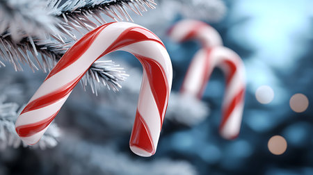 Candy canes hanging on a Christmas tree. 3d renderingの写真素材
