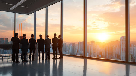 Silhouette of business people standing in office with panoramic windows