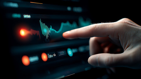 Close up of human hand touching virtual panel with forex chart and graphsの写真素材