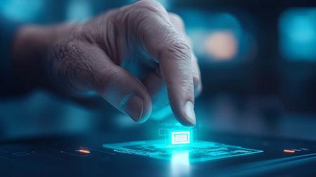 Close up of human hand using tablet computer with blue light 3D rendering