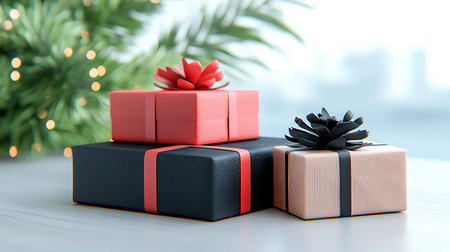 Christmas gift boxes with red ribbon and bow on the background of Christmas tree