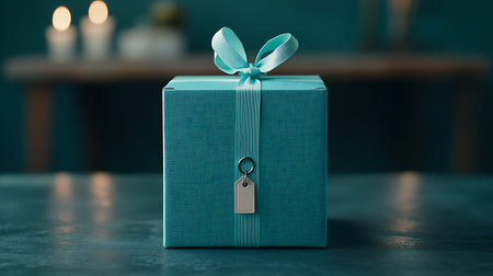 Blue gift box with a blue ribbon on the table. 3d rendering