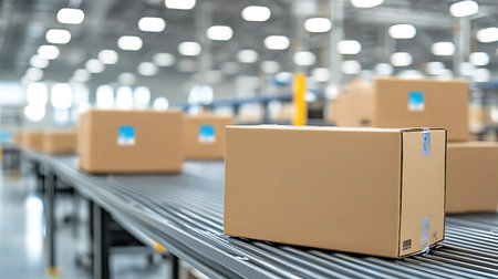 Cardboard boxes on conveyor belt in distribution warehouse, blurred background