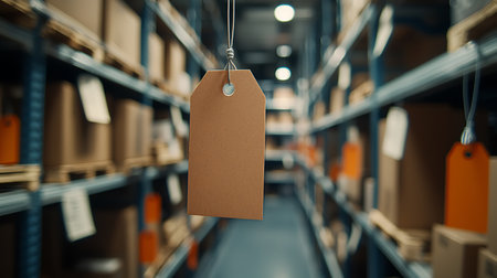 Blank paper price tag hanging in warehouse. 3d rendering.の写真素材