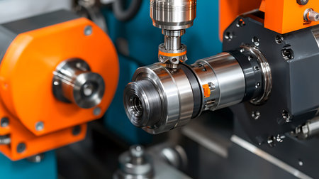 Metalworking CNC milling machine. Cutting metal modern processing technology.