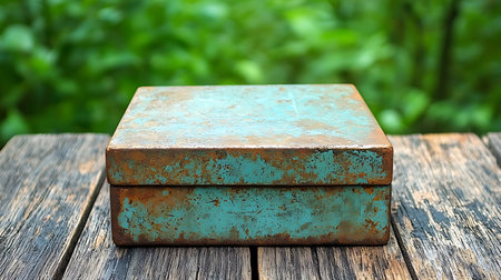Old rusty box on a wooden table in the garden. Selective focus.の写真素材