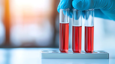 Scientist hand holding test tube with blood sample in laboratory, science research and development conceptの写真素材