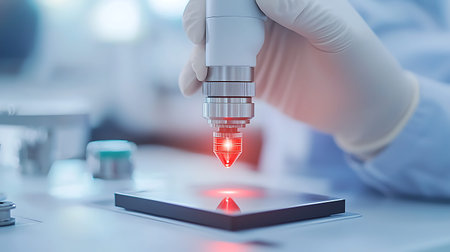 Scientist working with microscope and test tube in laboratory, closeup