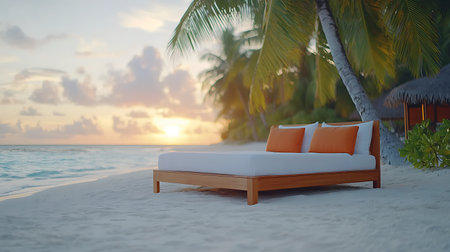 Wooden bed with orange pillow on tropical beach at Maldives.の写真素材