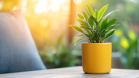 Green plant in yellow pot on the wooden table with sunlight background.の写真素材