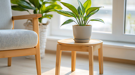 Indoor plant in a pot on a wooden chair in the living roomの写真素材