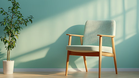 3d rendering of a chair in a room with a green wallの写真素材