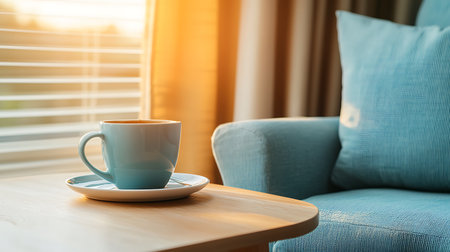 Coffee cup and blue sofa in living room, stock photoの写真素材