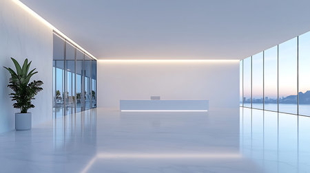 Interior of a modern office building with white walls, concrete floor and white reception desk. 3d...