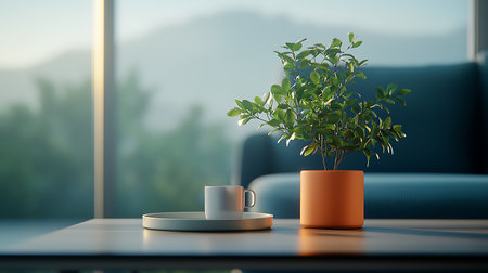 Cup of coffee and plant on the table. 3d renderの写真素材