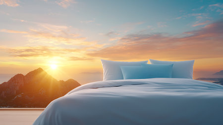 White bedding with pillows on the background of the mountains.の写真素材