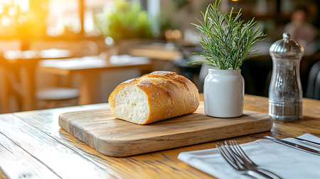 White bread with rosemary on wooden table in cafe, stock photoの写真素材