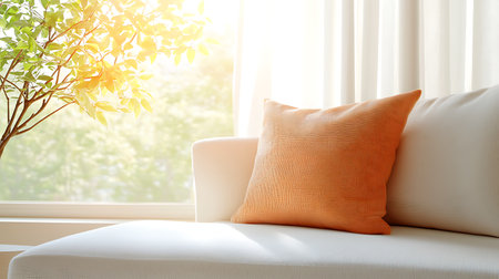 Comfortable pillow on sofa near window in room. Interior design conceptの写真素材