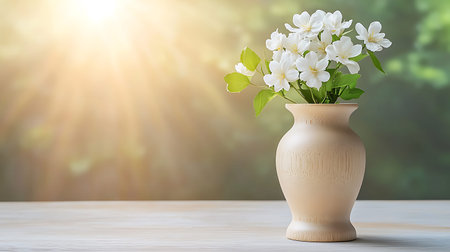 White jasmine flowers in vase on wooden table with sun flare