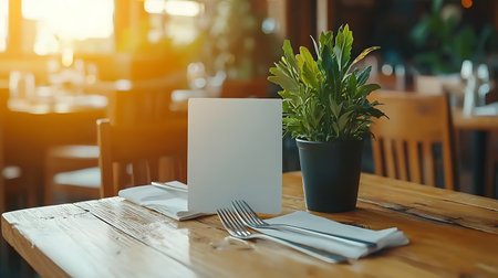 Restaurant table with empty paper card, cutlery and plant in cafeの写真素材