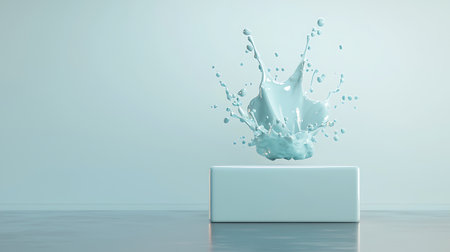 3d rendering of blue paint splashing on white pedestal.の写真素材