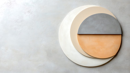Empty round beige plate on concrete background. Top view with copy spaceの写真素材