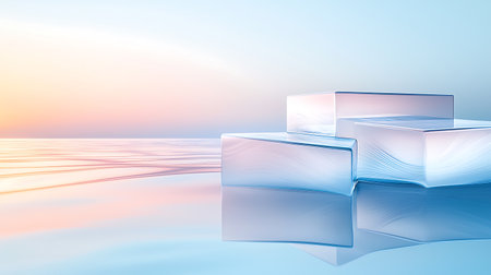 abstract scene with cubes on water surface, 3d render illustrationの写真素材