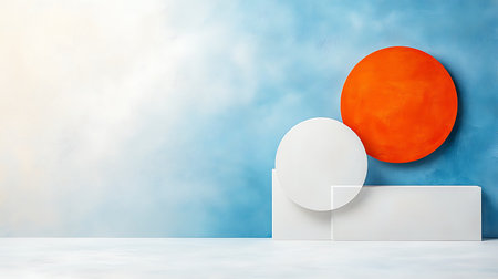 Minimalist scene with podium and orange sun on blue wall. 3D renderingの写真素材