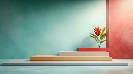3d render, abstract minimal scene with geometrical forms, podiums and plantsの写真素材