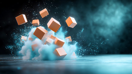 Falling cubes on a dark background. 3d rendering toned image