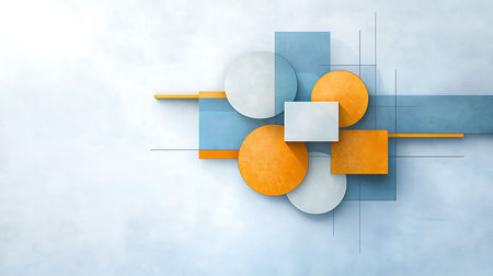 Abstract geometric background with circles and squares in blue and orange colors.