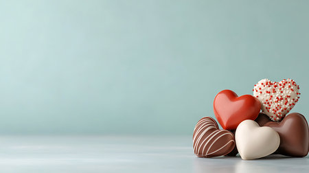 Chocolate hearts on blue background with copy space. Valentine's day conceptの写真素材