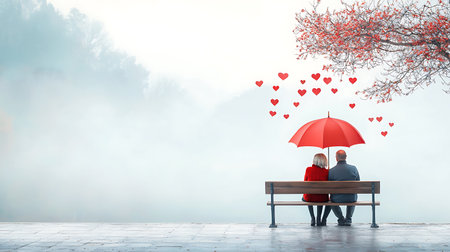 Elderly couple sitting on bench with red hearts flying out of an umbrellaの写真素材