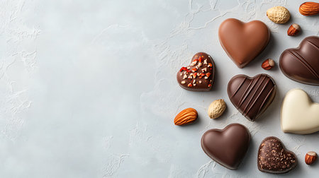 Chocolate candies in heart shape on light background, top viewの写真素材