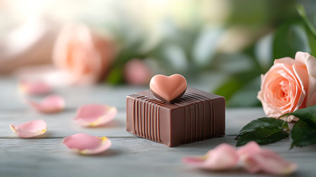 Chocolate with rose petals on white wooden table, closeup