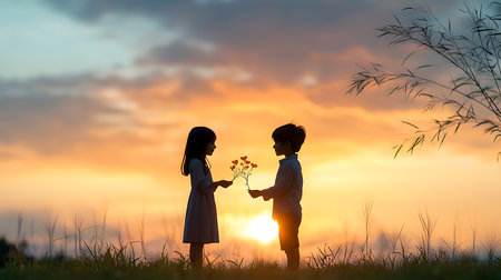 Silhouette of little boy and girl holding bouquet of flowers at sunsetの写真素材