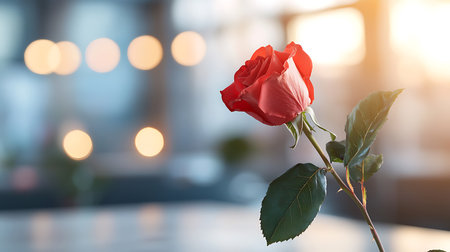 Beautiful red rose on blurred background, valentines day conceptの写真素材